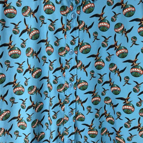 RARE Fernet Branca Sz L Button Shirt Blue Stretch Short Sleeve Graphic Logo AOP - Picture 3 of 7